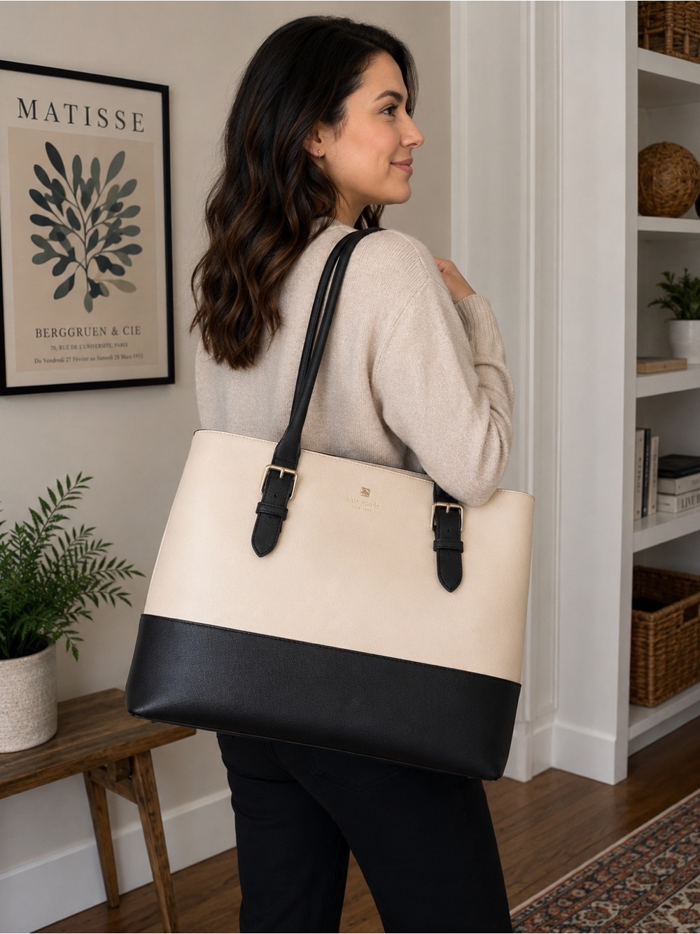 ♠️Kate Spade Large Saffiano Leather Tote Black Cream Work Bag Shoulder Purse - Picture 2 of 9